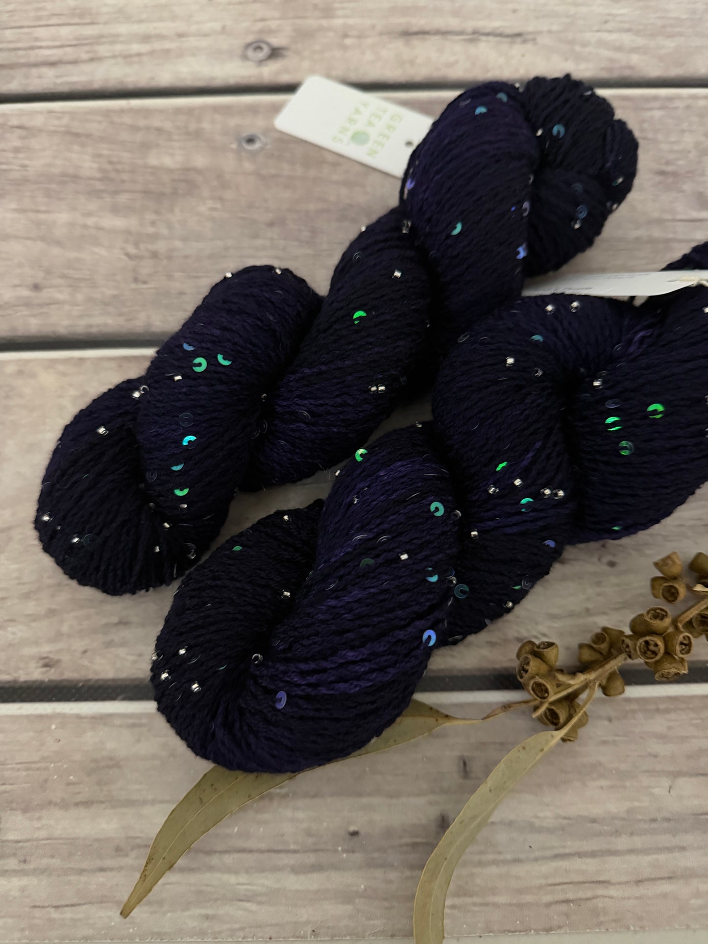 Percy's Purple on merino bead and sequins - Yuja 8ply