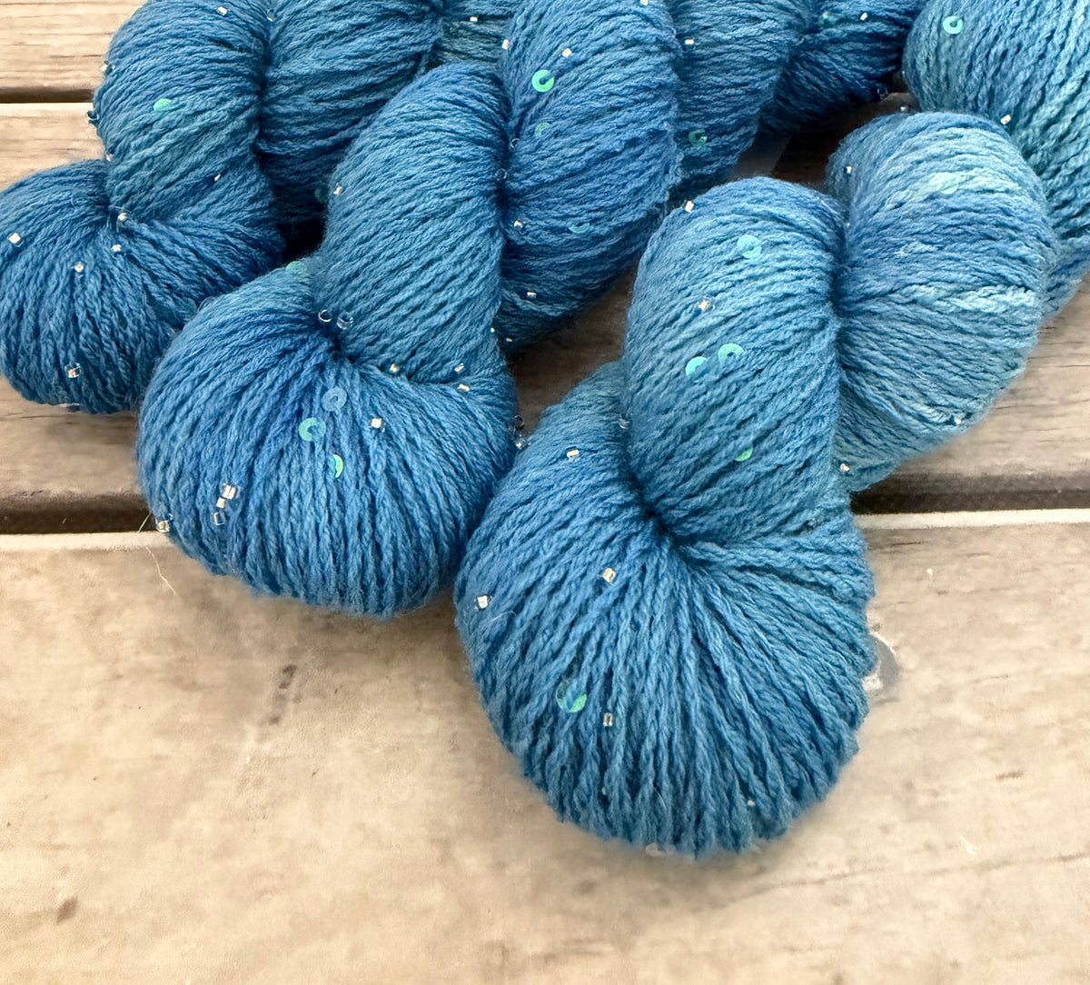 Calm Seas on merino bead and sequins - Yuja 8ply