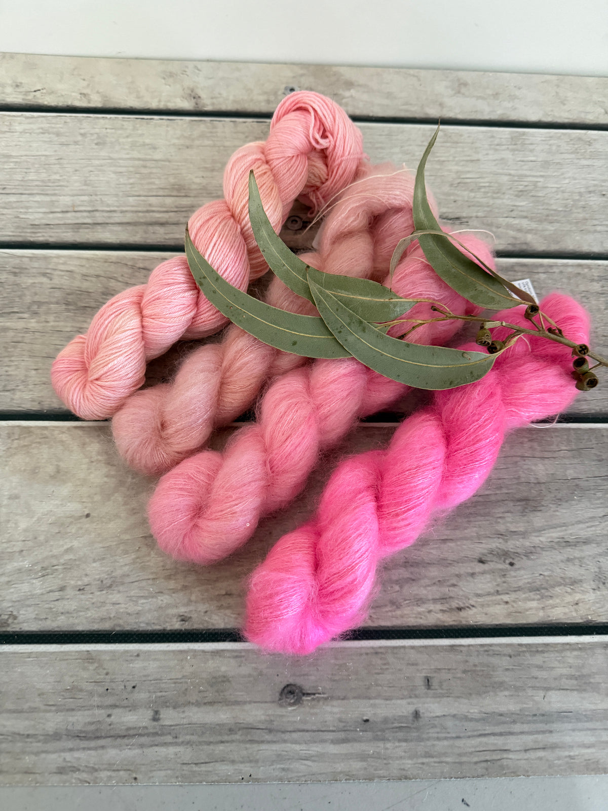 Rose Blush Fade + Jasmine - mohair/silk/sequins - Gyrokuro 3ply and Jasmine 4