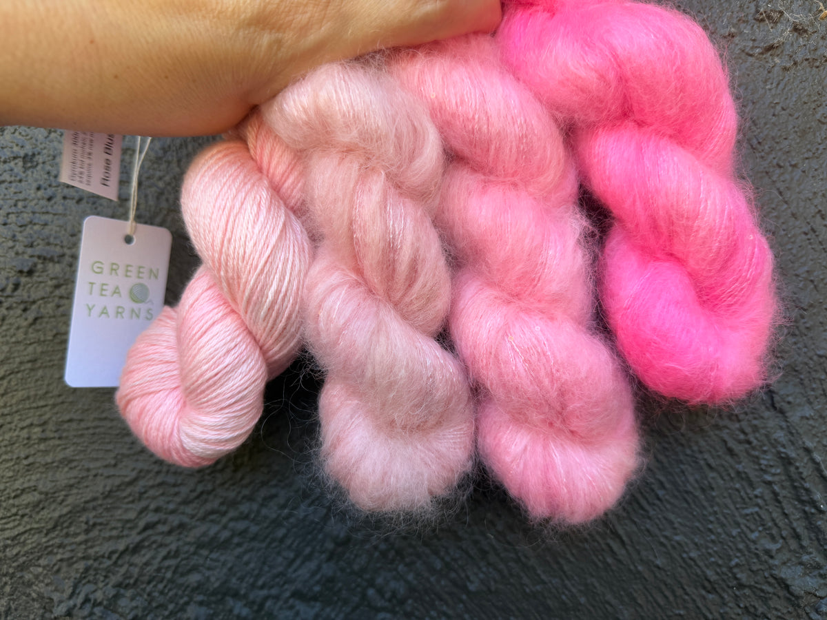 Rose Blush Fade + Jasmine - mohair/silk/sequins - Gyrokuro 3ply and Jasmine 4