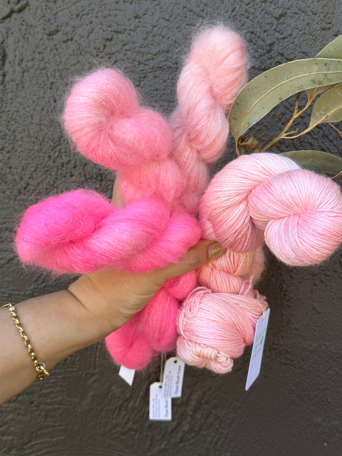 Rose Blush Fade + Jasmine - mohair/silk/sequins - Gyrokuro 3ply and Jasmine 4
