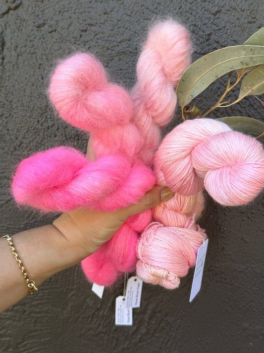Rose Blush Fade + Jasmine - mohair/silk/sequins - Gyrokuro 3ply and Jasmine 4