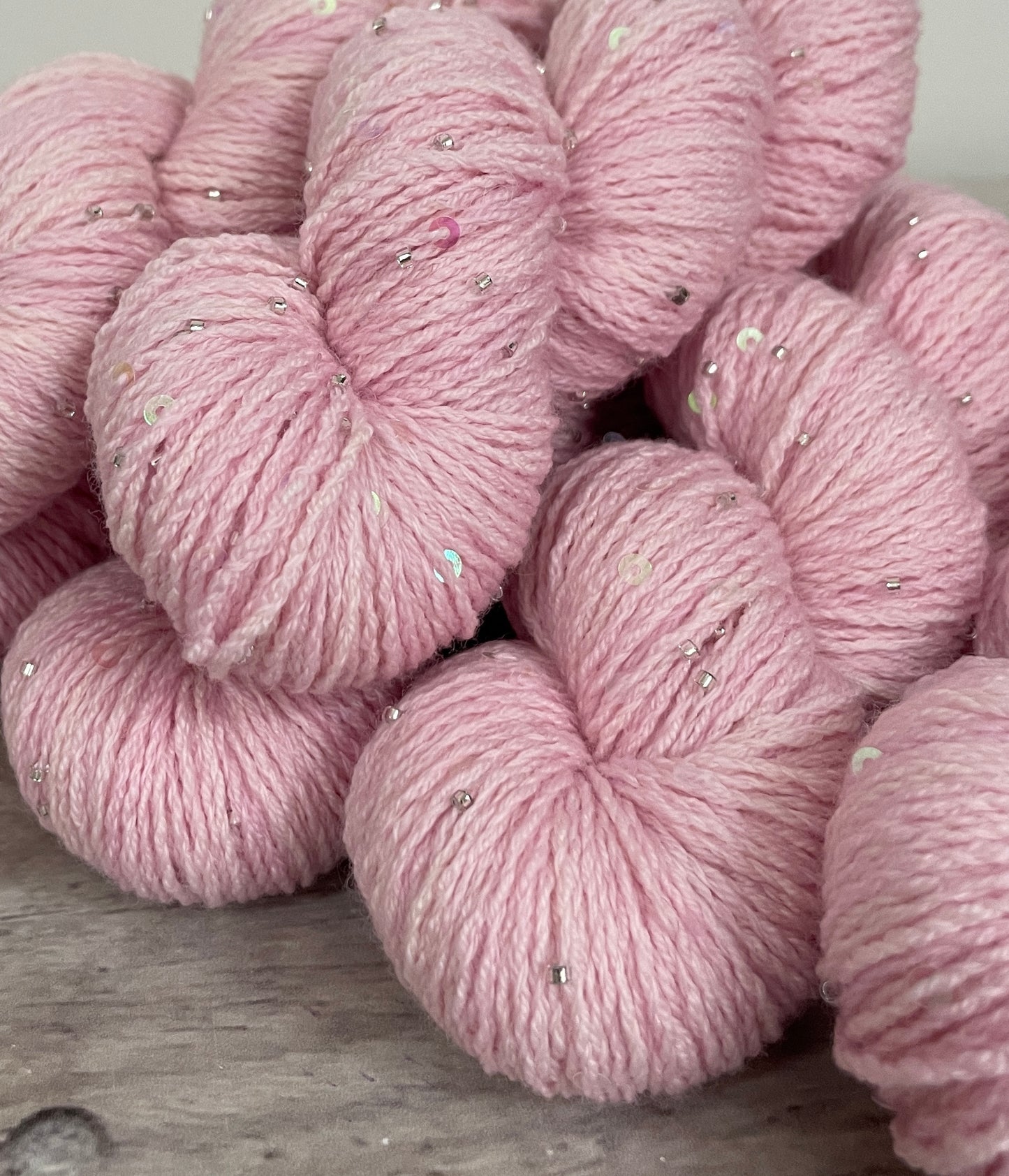 Pale Dragon on merino bead and sequins - Yuja 8ply