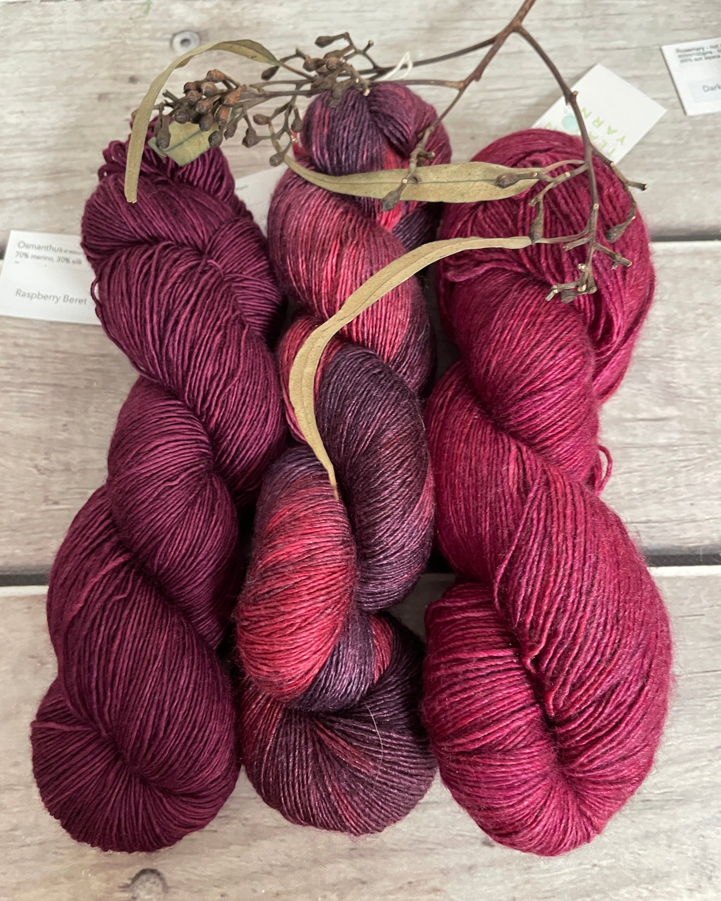 Raspberry Beret - Merino and silk 4 ply singles - Osmanthus 3 sk.set