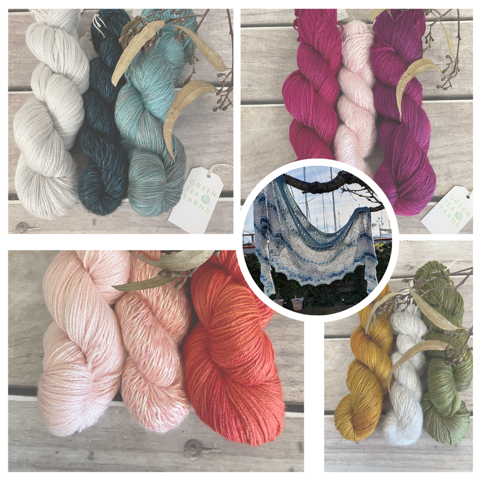 Island Hopping 3 skein yarn kit 4 ply Jasmin and Rooibos Green